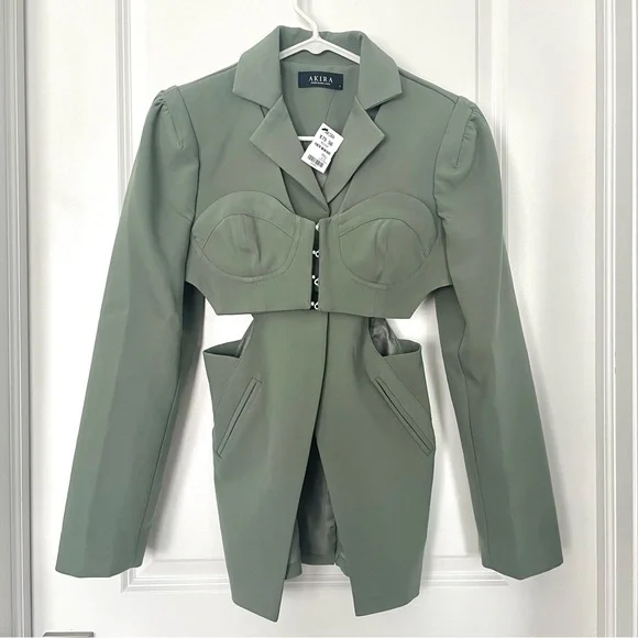 Brand New AKIRA Corset Blazer Side Cutouts Bustier Front Sage Green Avant-Garde - Picture 2 of 9